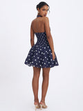 Yamina Navy Polka Dot Ramie Crossover Halter Gathered Mini Dress