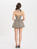 DACIA PLAID HALTER LACE UP BUBBLE HEM MINI DRESS