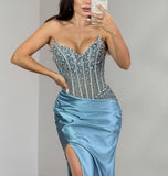 STRAPLESS BEADED BODICE AND SATIN SKIRT FITTED GOWN