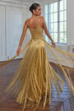 FITTED FRINGE GOWN WITH BEADED BODICE