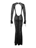 WAYLYNN BLACK VELVET DETAIL MESH BACKLESS MAXI DRESS