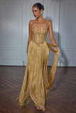 FITTED FRINGE GOWN WITH BEADED BODICE