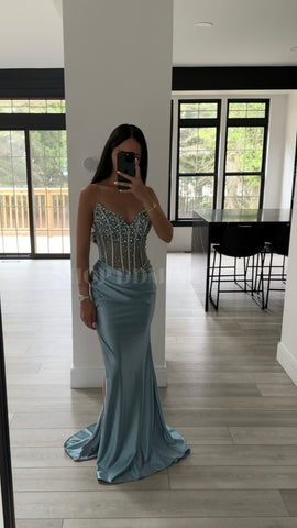 STRAPLESS BEADED BODICE AND SATIN SKIRT FITTED GOWN