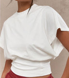 SHORT SLEEVE CREW NECK CINCHED WAIST TOP