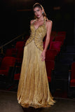 A-LINE FRINGE GOWN WITH EMBELLISHED HALTER BODICE