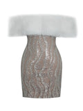 Averie White Fur Off-Shoulder Beige Sequin Mini Dress
