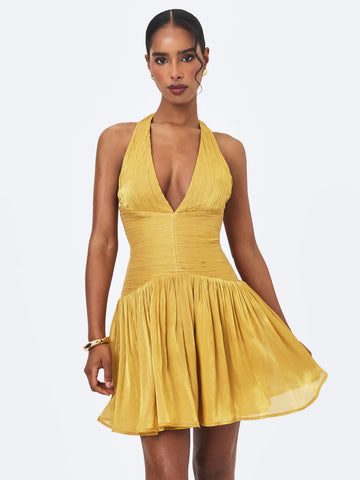 Xavia Gold Crystal Organza Plunging Halter Mini Dress