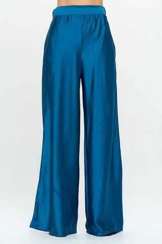 STRETCH SATIN ELASTIC WAIST POCKETS PANTS