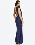 Terri Navy Sparkle Plunging Backless Maxi Dress