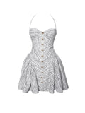 MELODY BLACK AND WHITE PLAID TWEED HALTER DROP WAIST MINI DRESS