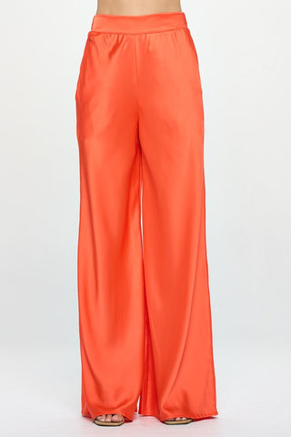 STRETCH SATIN ELASTIC WAIST POCKETS PANTS