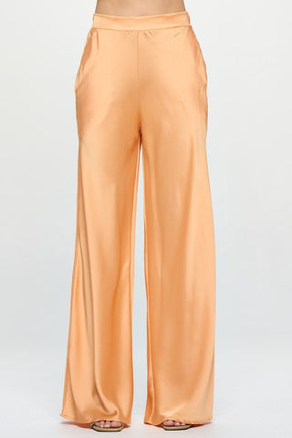 STRETCH SATIN ELASTIC WAIST POCKETS PANTS