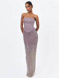 Tosca Beaded Purple Gradient Strapless Peplum Maxi Dress