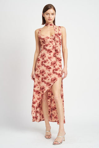 ROBE LONGUE ASYMÉTRIQUE À FLEURS