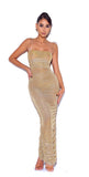 ROBE LONGUE EN MOUSSELINE DE SOIE FRONCÉE DORÉE 