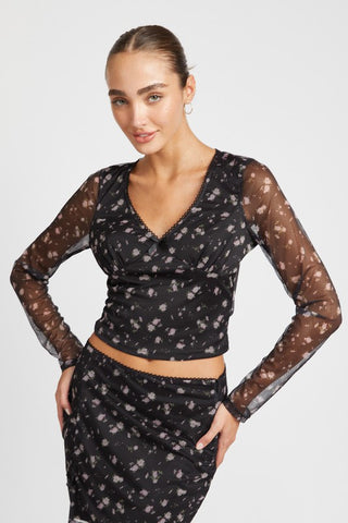 TOP COURT EN MAILLE À IMPRIMÉ FLORAL AVEC COL EN V