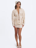 Wenley Beige Cotton Lace Puff Sleeve Cinched Top