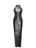 RUCHED SILVER GLITTER BACKLESS GOWN