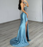 STRAPLESS BEADED BODICE AND SATIN SKIRT FITTED GOWN