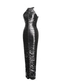 RUCHED SILVER GLITTER BACKLESS GOWN