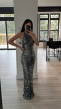 RUCHED SILVER GLITTER BACKLESS GOWN