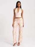 Laureen Pink Floral Print Linen Straight Pants