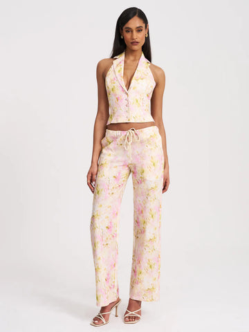 Laureen Pink Floral Print Linen Straight Pants