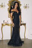 DEEP V OFF SHOULDER EMBELLISHMENT GOWN