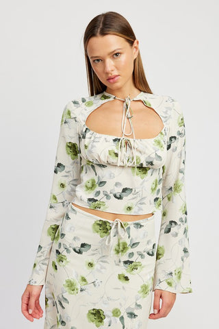 BLOUSE À FLEURS AVEC CRAVATE AU COU