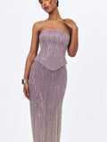 Tosca Beaded Purple Gradient Strapless Peplum Maxi Dress