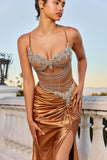 FITTED BEADED AND SATIN METALLIC GOWN