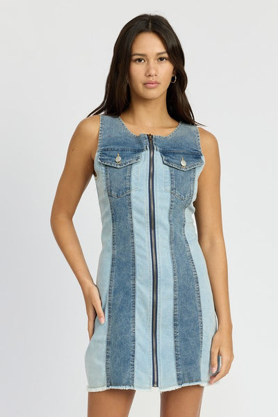 denim color block dress Full Size Color Block Denim Patchwork Mini Dress Plus Size Blue / L by Blue Zone Planet