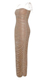 ROBE LONGUE EN MOUSSELINE DE SOIE FRONCÉE DORÉE 