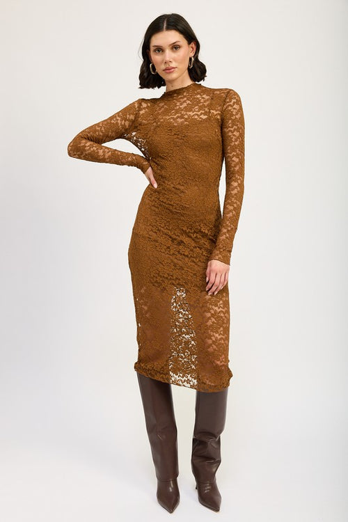 MOCK NECK MIDI LACE DRESS COFFEE / S MOCK NECK MIDI LACE DRESS COFFEE / S