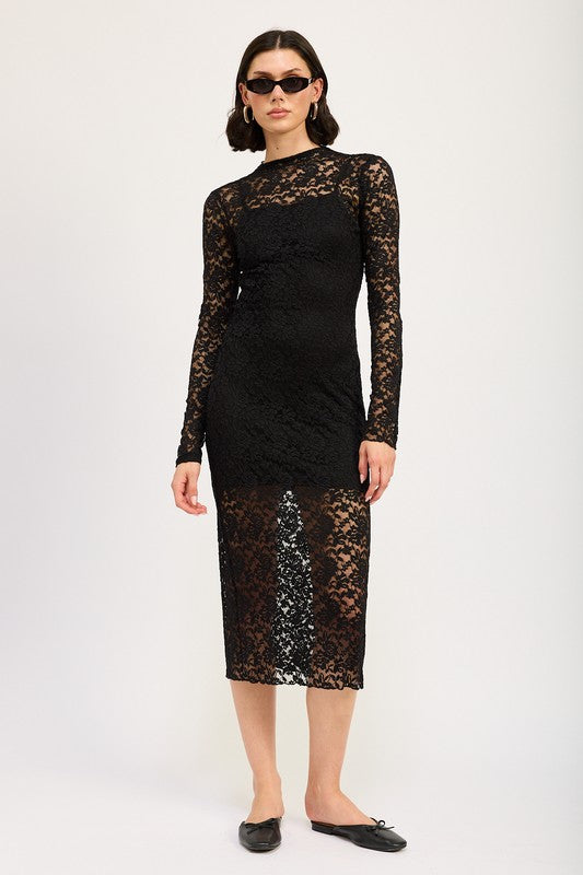 MOCK NECK MIDI LACE DRESS Black / M MOCK NECK MIDI LACE DRESS Black / M