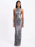 RUCHED SILVER GLITTER BACKLESS GOWN