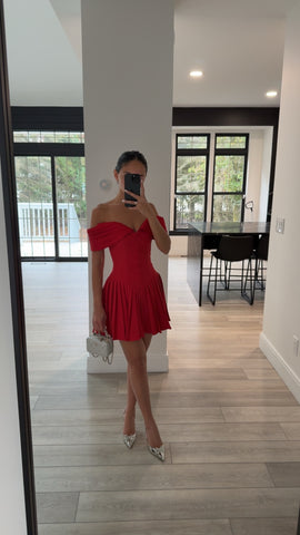 NARELLE CRIMSON OFF SHOULDER SWEETHEART MINI DRESS