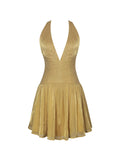 Xavia Gold Crystal Organza Plunging Halter Mini Dress