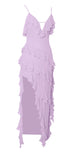 ROBE LONGUE À VOLANTS EN RAYONNE LILAS THEODORA