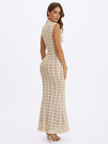 Xylona Beige & Gold Crochet Teardrop Neckline Mermaid Maxi Dress