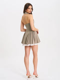 Hazel Brown Preppy Halter Neck Pleated Mini Dress