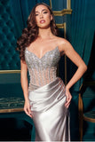 STRAPLESS BEADED BODICE AND SATIN SKIRT FITTED GOWN