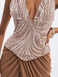 Nancie Apricot Beaded Halter Peplum Ruched Maxi Dress