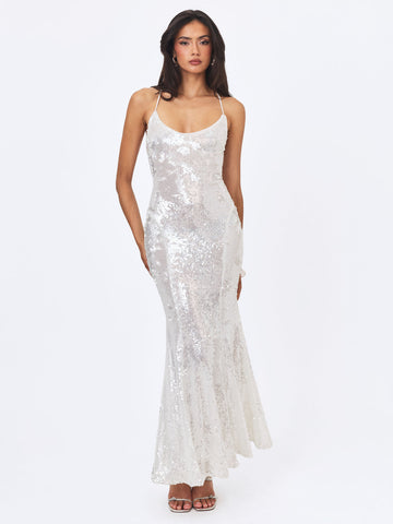 Cameron White Sequin Scoop Neck Mermaid Maxi Dress