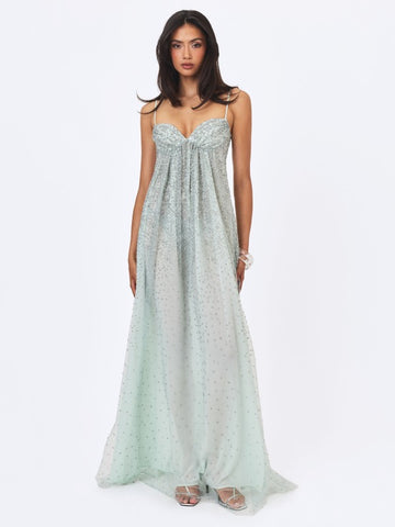 Wallie Mint Rhinestone Embellished Mesh Gown