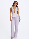 Quinzella Lavender Linen Plunging Halter Neck Top
