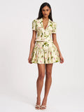 Zanelle Green FLoral Print Drop Waist Linen Full Skirt