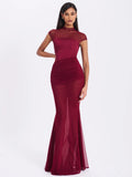 Burgundy mesh cap sleeve mermaid gown