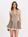 Hazel Brown Preppy Halter Neck Pleated Mini Dress