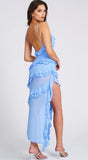 ROBE LONGUE À VOLANTS EN RAYONNE BLEUE THEODORA